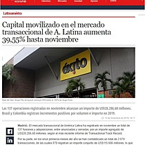 Capital movilizado en el mercado transaccional de A. Latina aumenta 39,55% hasta noviembre